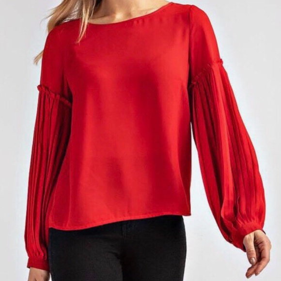 GLAM RED PLEATED SLEEVE BLOUSE - Picture 2 of 3